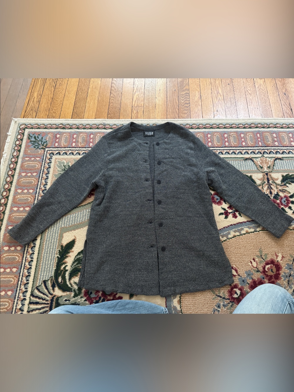 Eileen Fisher Charcoal Gray Double-Breasted Knit Cardigan